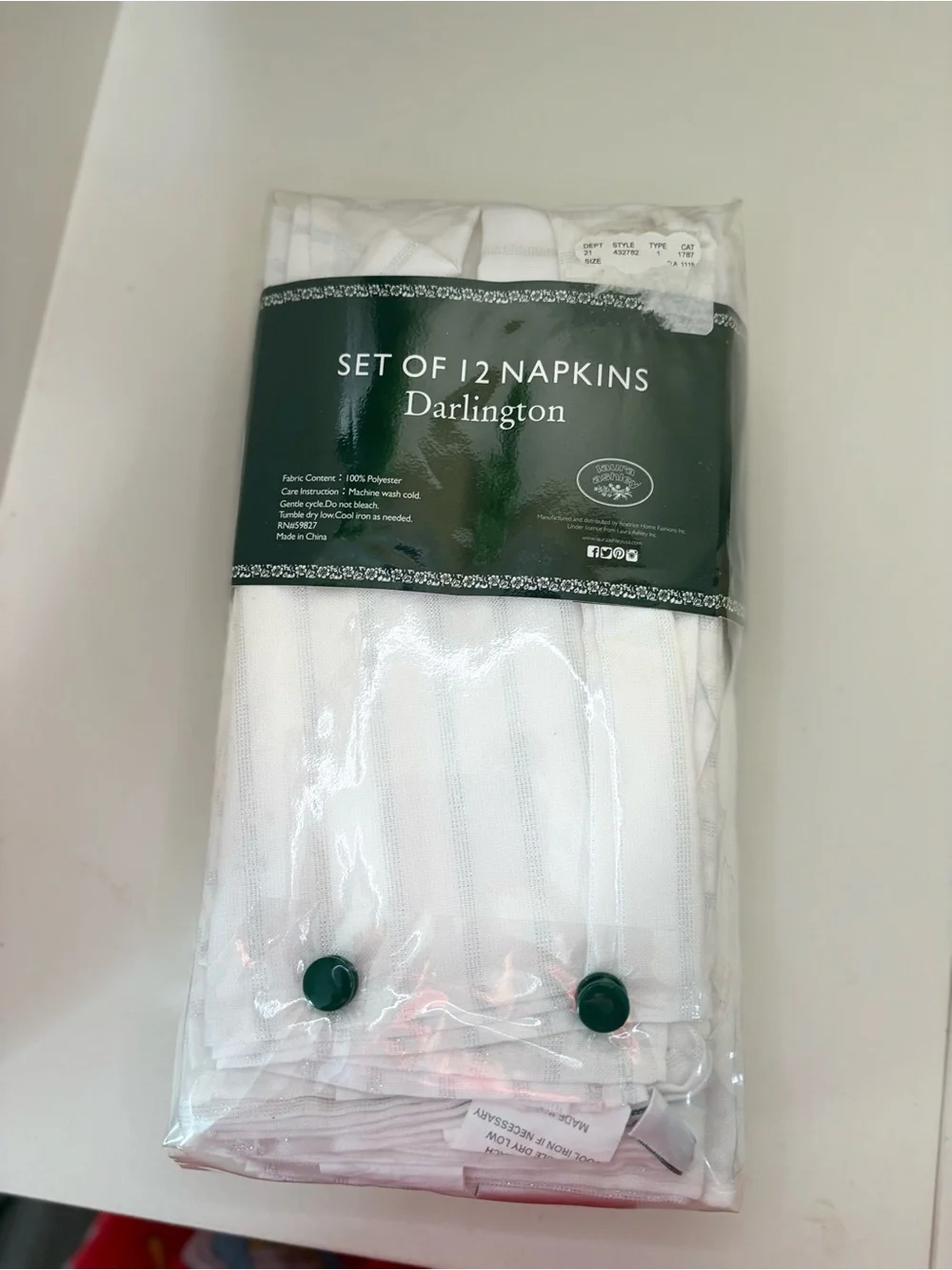 Laura Ashley Darlington White Stripe Napkins Set of 12 New in Package NIP